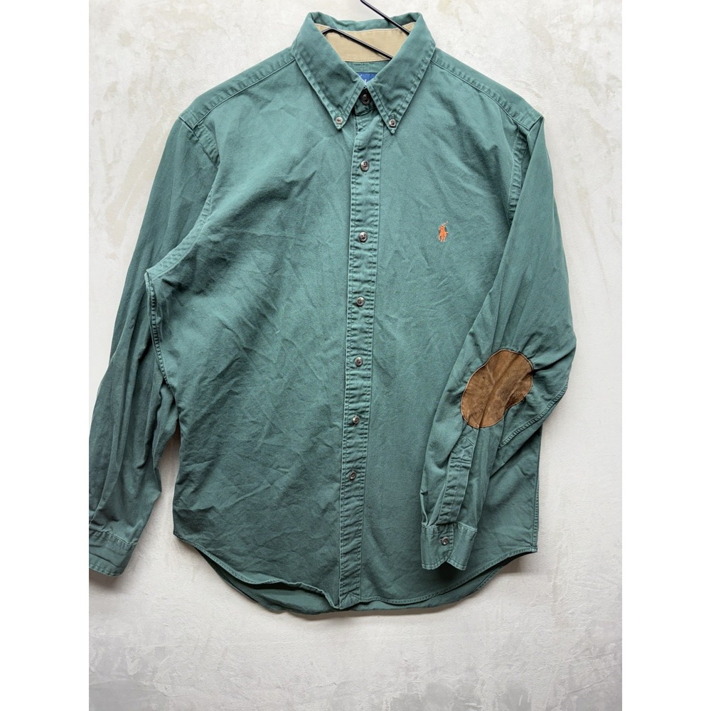 Polo Ralph Lauren Shirt Medium Green Twill Elbow Patch Button Down Long Sleeve